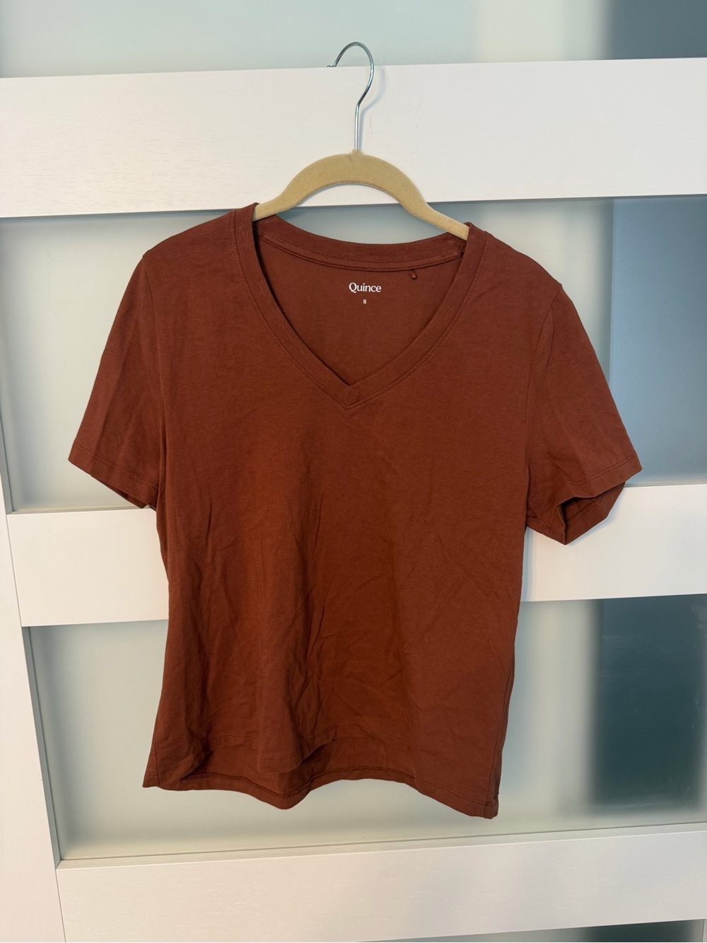 Quince Women's V‑Neck Short Sleeve Tee in Rust Brown